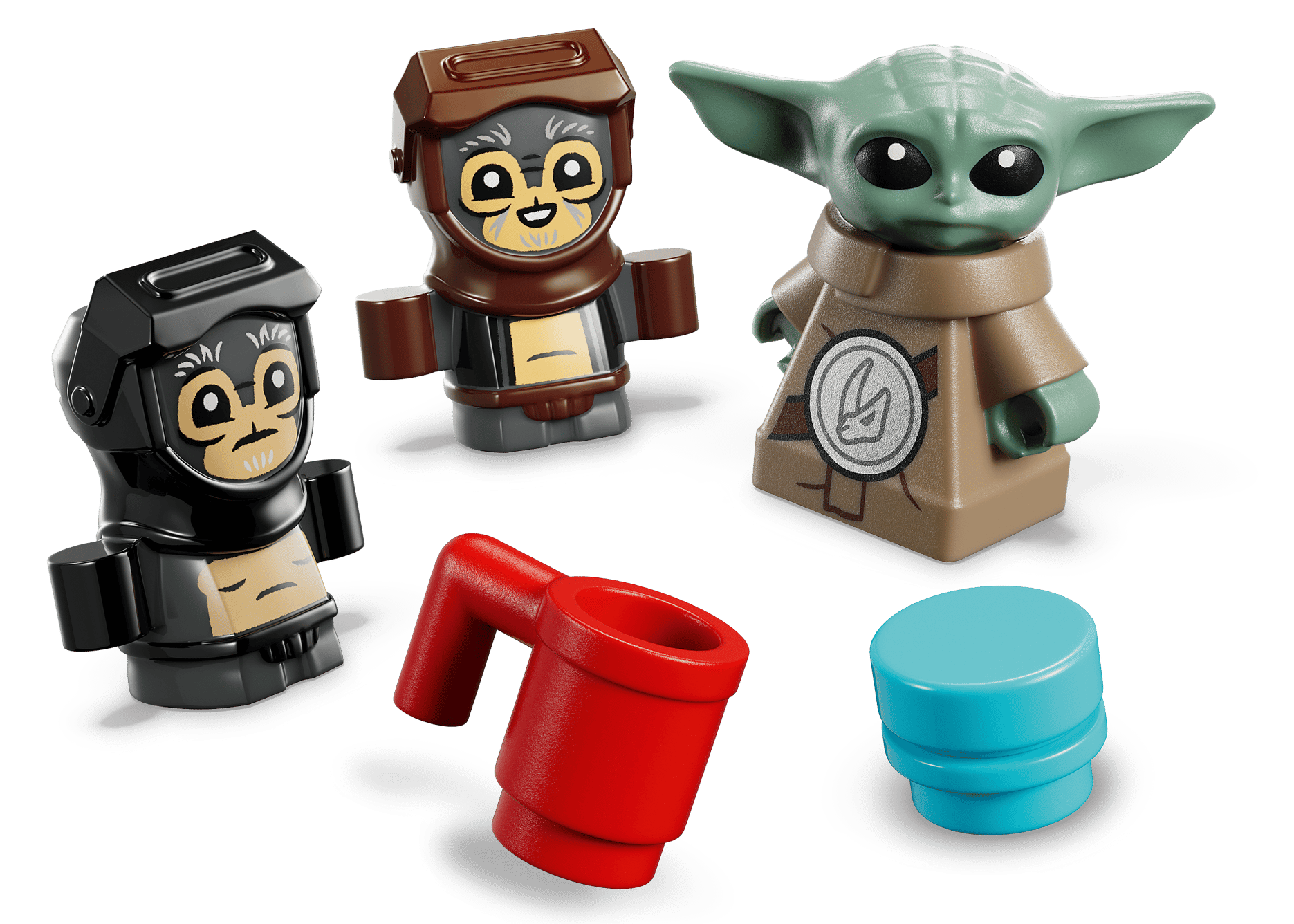 Three minifigures from the LEGO® Star Wars™ Anzellan Starship by Legos - Toyhouse are posed with a red mug and blue piece on a white background—an ideal display for Mandalorian toy fans and collectors.