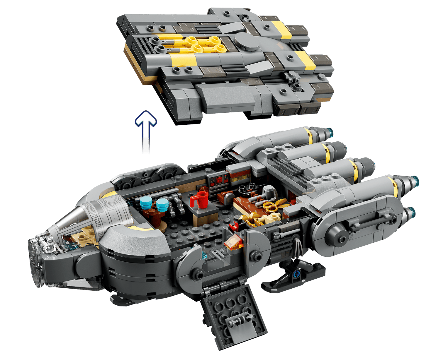 The LEGO® Star Wars™ Anzellan Starship by Legos - Toyhouse features a removable top; lift it to reveal a detailed interior with seats, controls, and accessories. An arrow shows where to open this Mandalorian-inspired spaceship model.