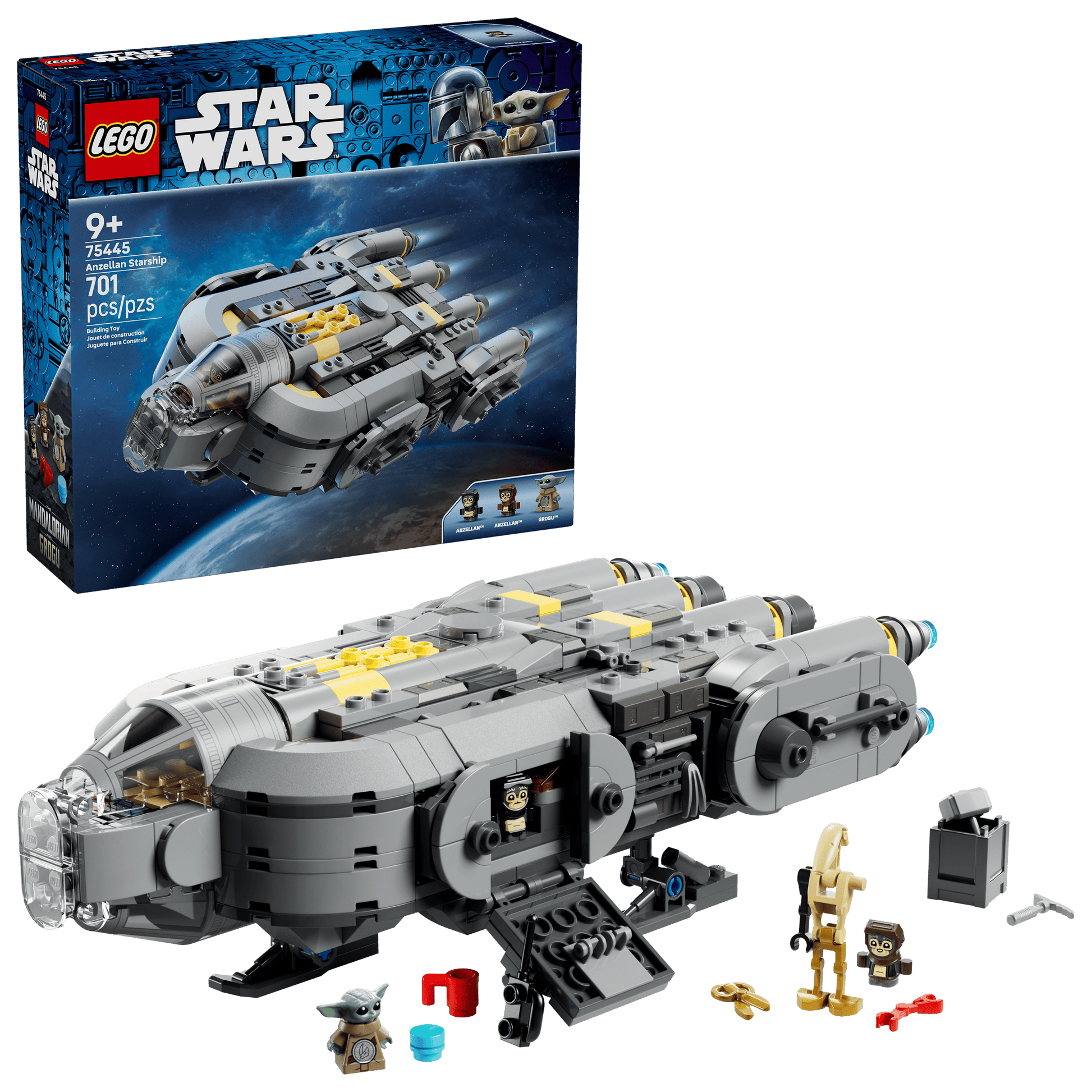 The Legos - Toyhouse LEGO® Star Wars™ Anzellan Starship includes 3 minifigures (Grogu), Mandalorian accessories, a display box, and 701 pieces. Suitable for ages 9+.