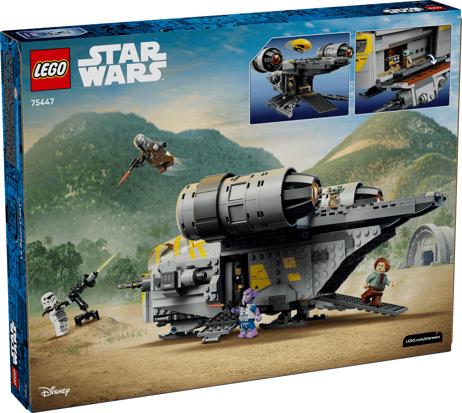 The LEGO® Star Wars™ The Razor Crest™ set by Legos - Toyhouse features a Mandalorian spaceship, minifigures, and series scenes on the box with a mountain backdrop.