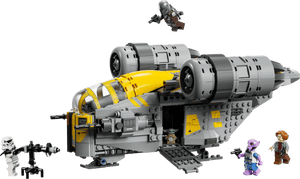 LEGO® Star Wars™ The Razor Crest™ by Legos - Toyhouse features yellow accents and includes four minifigures—such as a stormtrooper and Grogu—arranged around and atop this iconic Mandalorian spaceship set.