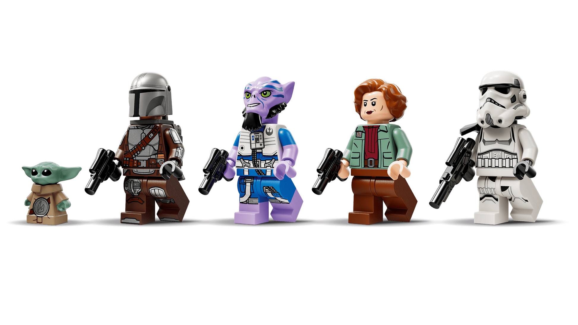 Five minifigures from the LEGO® Star Wars™ The Razor Crest™ set by Legos - Toyhouse, including Grogu, the Mandalorian, an alien, a woman with brown hair, and a Stormtrooper, are lined up—perfect for any Star Wars fan display.