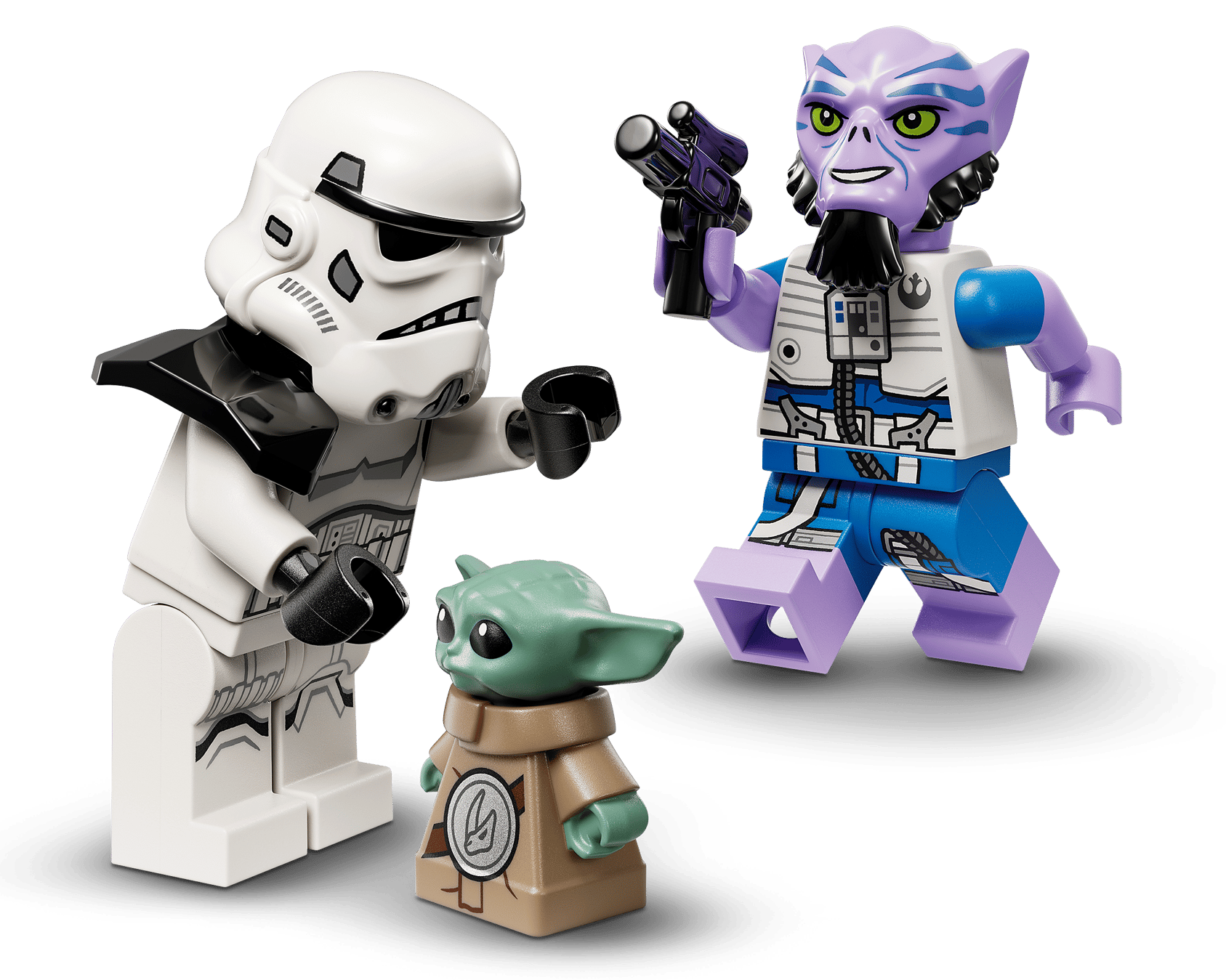 Three minifigures—a stormtrooper, a green alien, and a purple character with a blaster—face off in this detailed Legos - Toyhouse LEGO® Star Wars™ The Razor Crest™ building set, inspired by The Mandalorian.