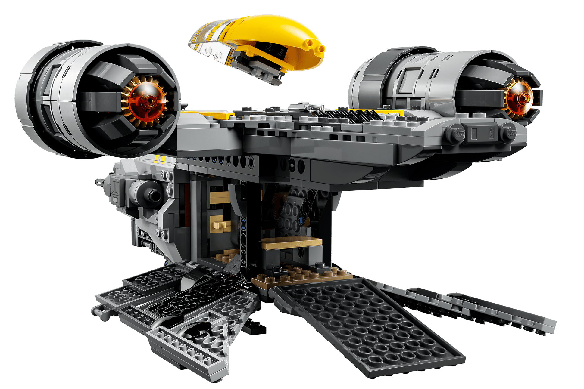 LEGO® Star Wars™ The Razor Crest™ by Legos - Toyhouse features twin engines, an open loading ramp, and a detachable yellow cockpit canopy—an exciting set for Mandalorian fans.