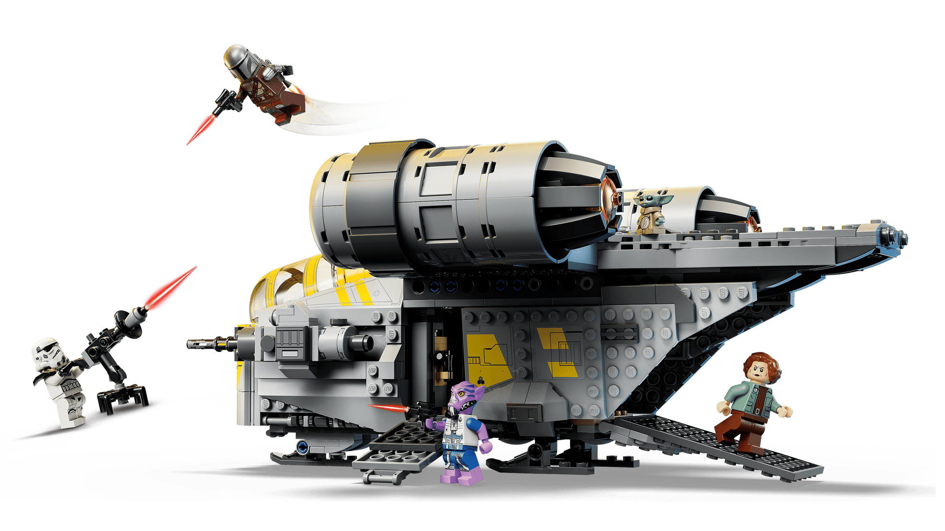 The LEGO® Star Wars™ The Razor Crest™ by Legos - Toyhouse includes a detailed spaceship, five minifigures with action poses, and is perfect for fans wanting an exciting building toy. Background is plain white.