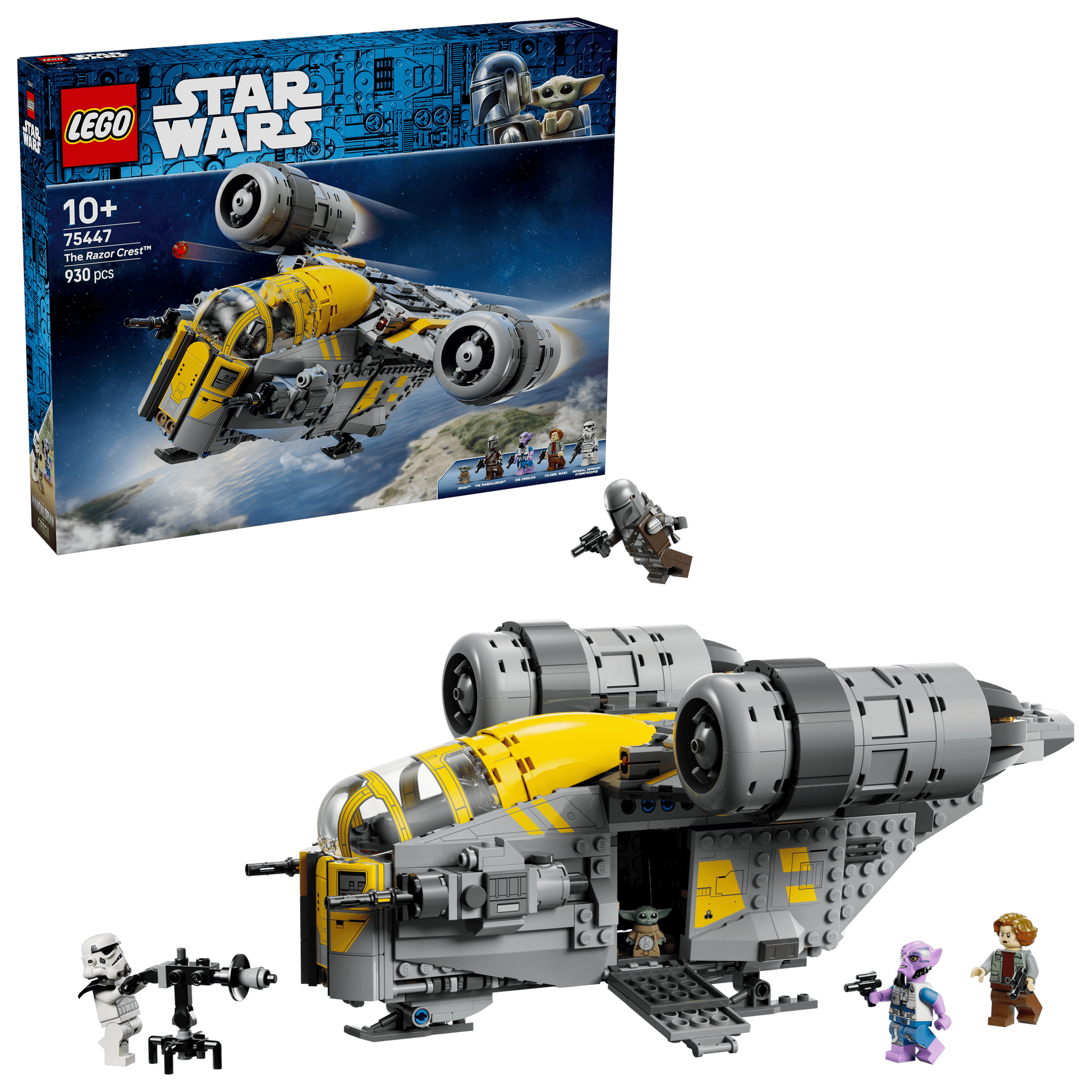 Legos - Toyhouse's LEGO® Star Wars™ The Razor Crest™ set includes an assembled ship, four minifigures, and box art with the iconic ship flying against a blue background.