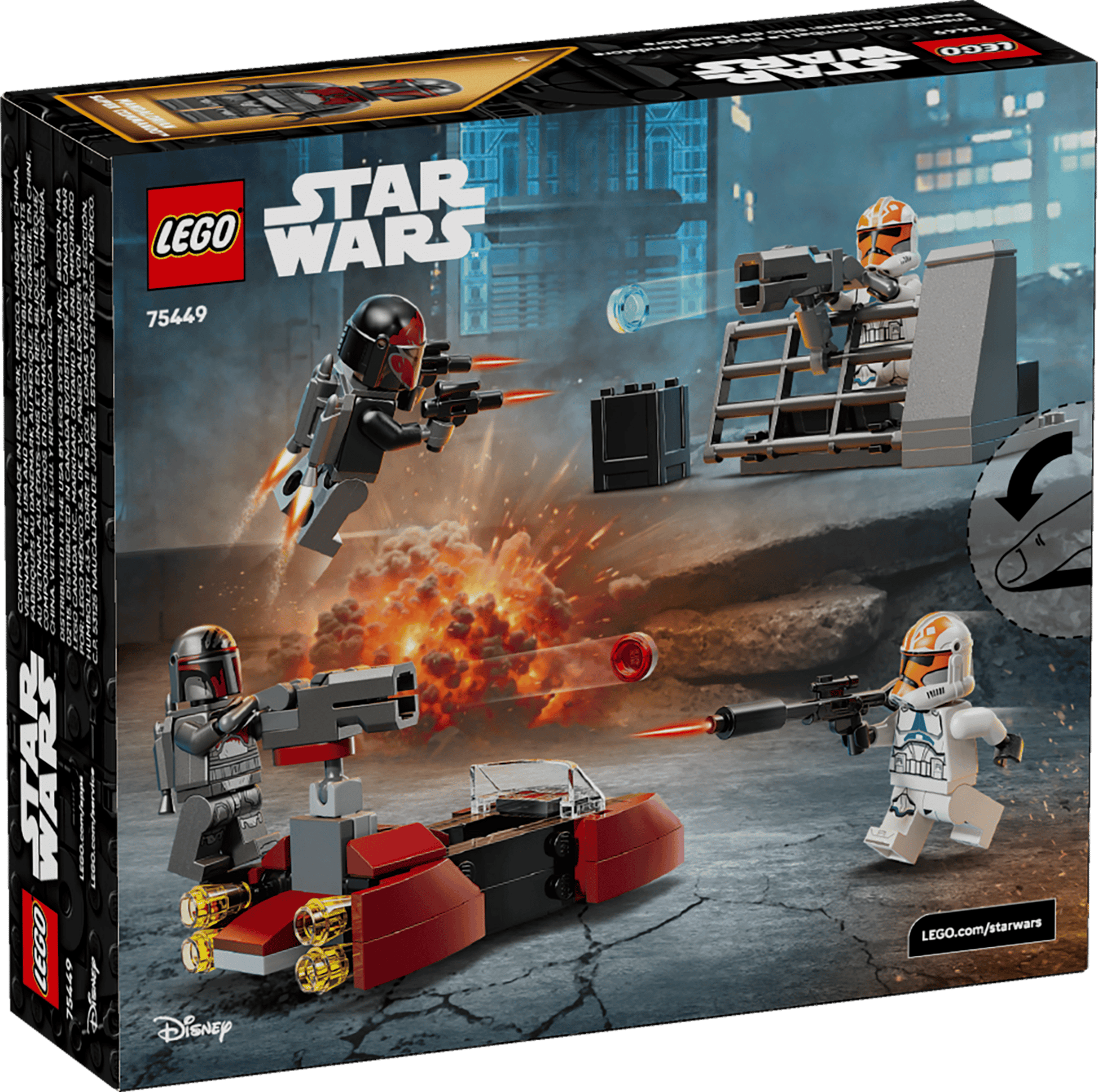 The LEGO® Star Wars™ Siege of Mandalore Battle Pack box by Legos - Toyhouse features Clone Troopers with blasters and vehicles set against an action-packed city backdrop.