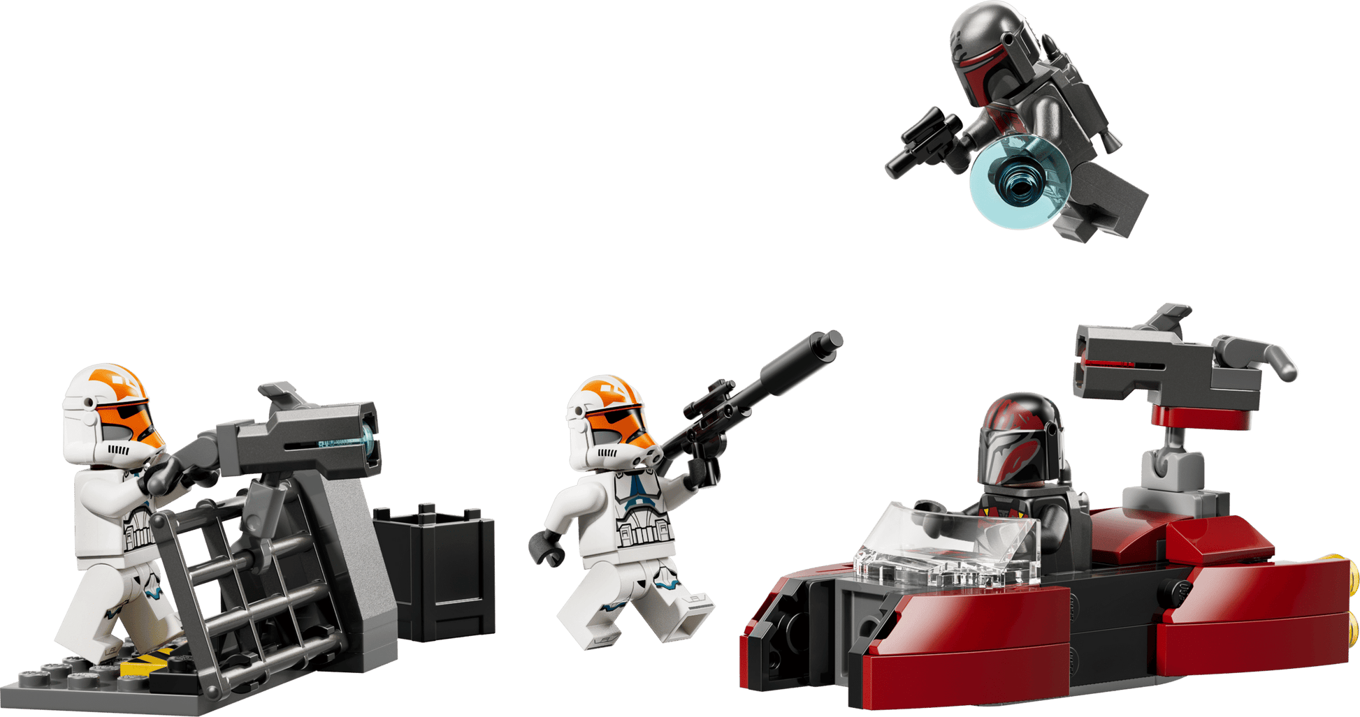 The LEGO® Star Wars™ Siege of Mandalore Battle Pack by Legos - Toyhouse includes minifigures in white and orange armor, dark Mandalorian Super Commandos with blasters, a cannon, barrier, and a red speeder for epic play.