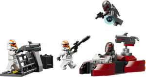 The LEGO® Star Wars™ Siege of Mandalore Battle Pack by Legos - Toyhouse includes minifigures in white and orange armor, dark Mandalorian Super Commandos with blasters, a cannon, barrier, and a red speeder for epic play.
