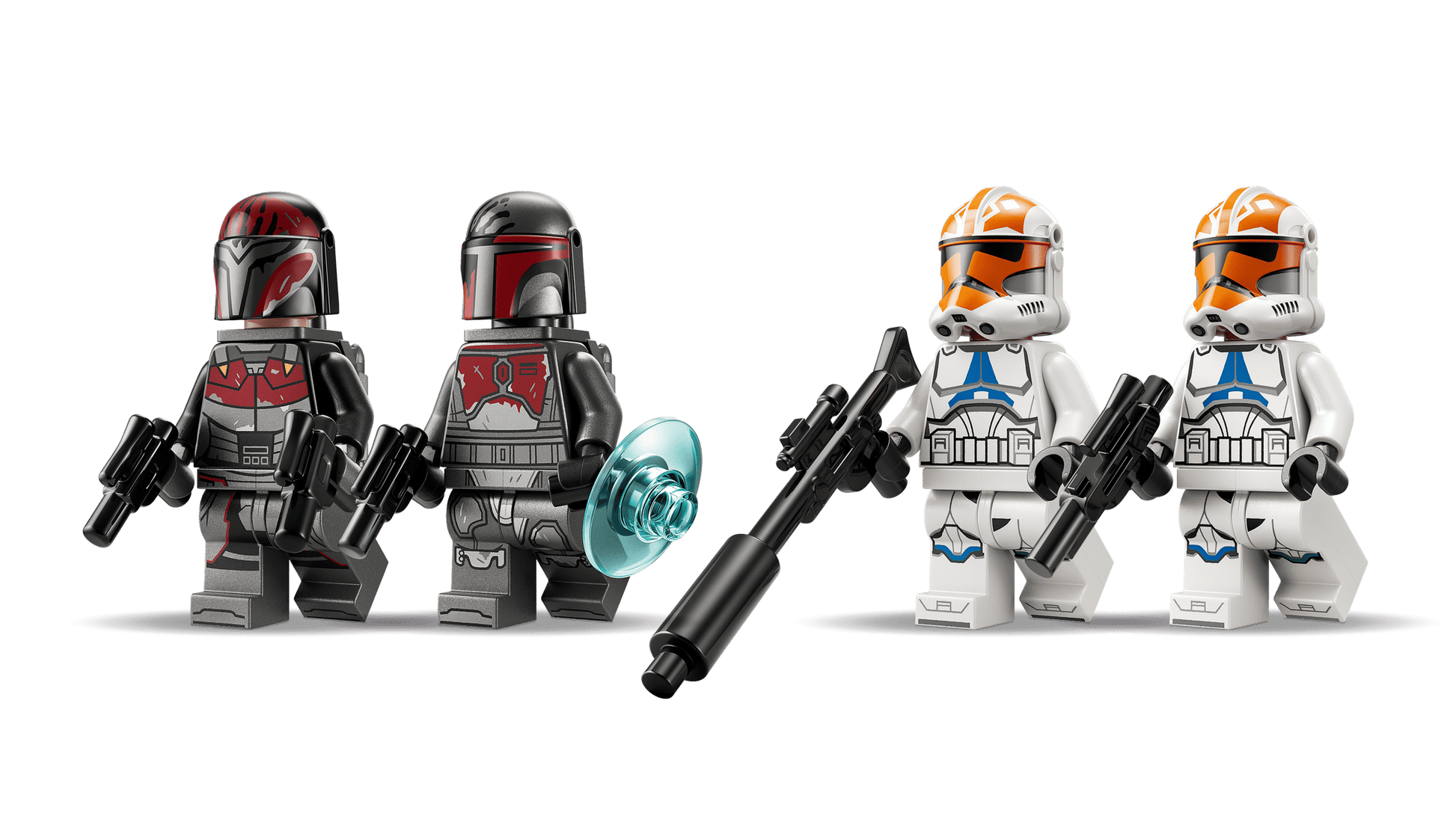 Four minifigures from the LEGO® Star Wars™ Siege of Mandalore Battle Pack by Legos - Toyhouse, including two gray-armored Mandalorians with weapons and two white-and-orange Clone Troopers, are ready for battle on a white background.