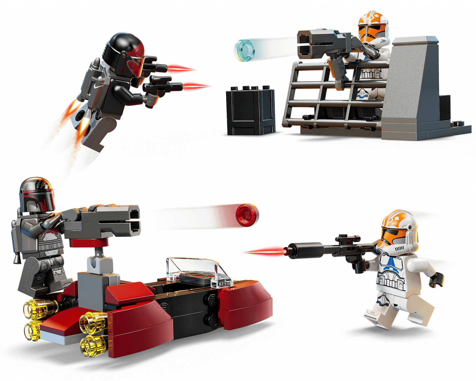 The LEGO® Star Wars™ Siege of Mandalore Battle Pack by Legos - Toyhouse features four minifigures—two in Mandalorian armor and two Clone Troopers—with blasters, vehicles, and barricades for epic battles.