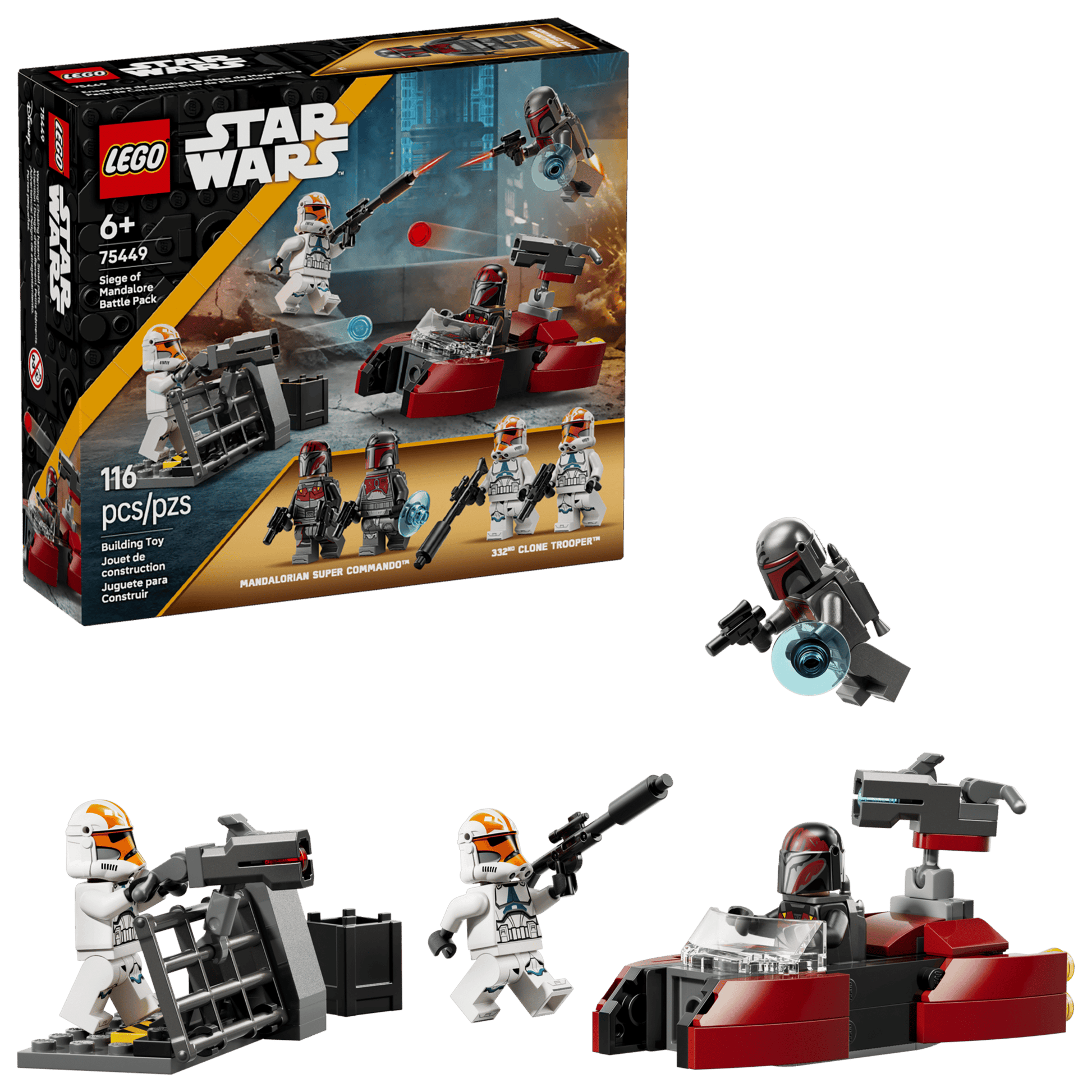 The LEGO® Star Wars™ Siege of Mandalore Battle Pack by Legos - Toyhouse includes 116 pieces, Mandalorian Super Commando and Clone Trooper minifigures, a speeder, blaster turret, and accessories for epic battles.