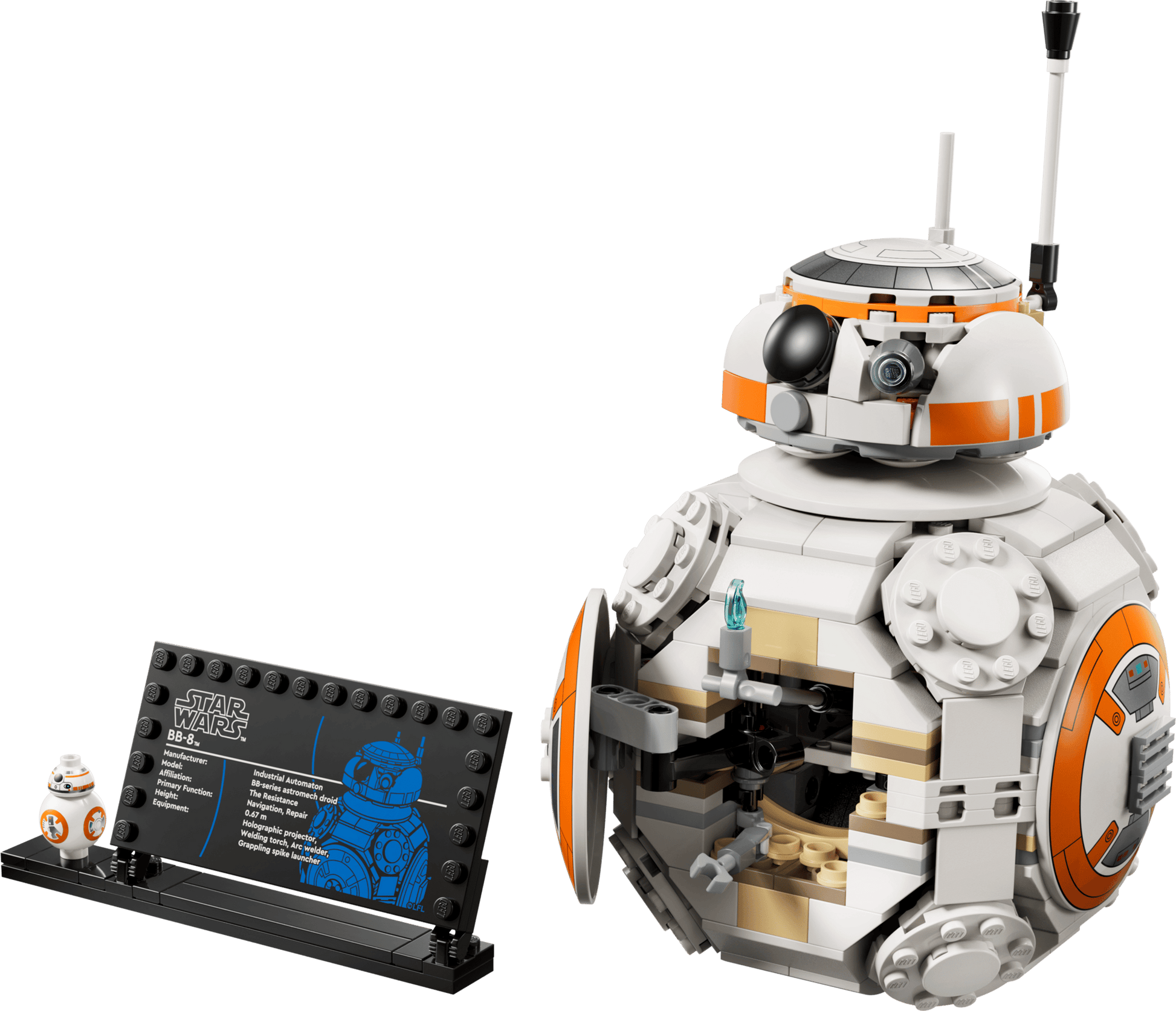 Display the LEGO® Star Wars™ BB-8™ Astromech Droid by Legos - Toyhouse with an info plaque and a mini BB-8 figure; visible interior parts make it a standout Star Wars decor piece.