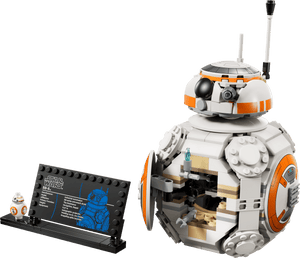 Display the LEGO® Star Wars™ BB-8™ Astromech Droid by Legos - Toyhouse with an info plaque and a mini BB-8 figure; visible interior parts make it a standout Star Wars decor piece.
