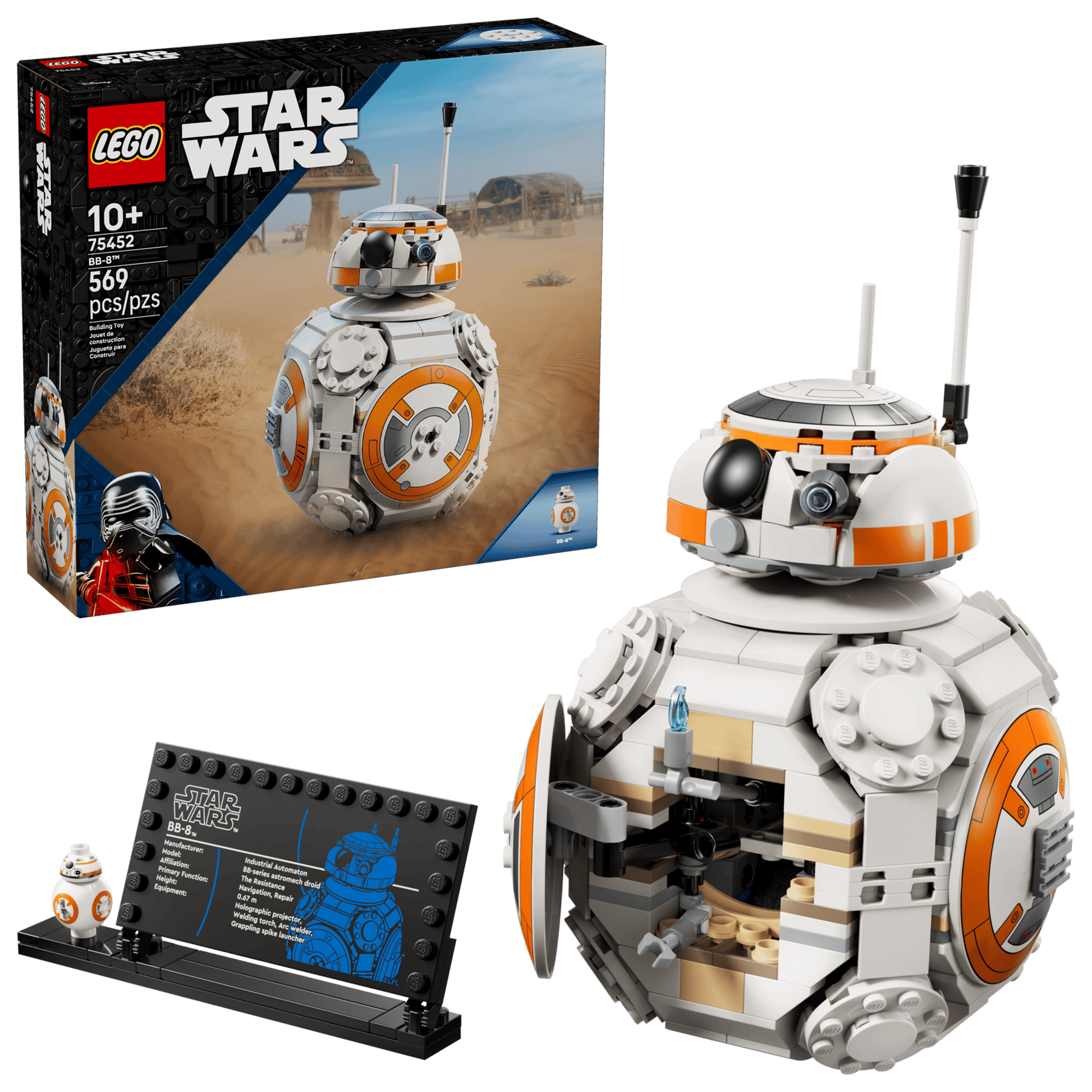 The Legos - Toyhouse LEGO® Star Wars™ BB-8™ Astromech Droid set includes 569 pieces to build an iconic BB-8 droid, plus a display plaque, mini figure, and box with Star Wars graphics and a desert-themed backdrop.