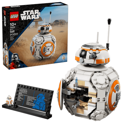 The Legos - Toyhouse LEGO® Star Wars™ BB-8™ Astromech Droid set includes 569 pieces to build an iconic BB-8 droid, plus a display plaque, mini figure, and box with Star Wars graphics and a desert-themed backdrop.