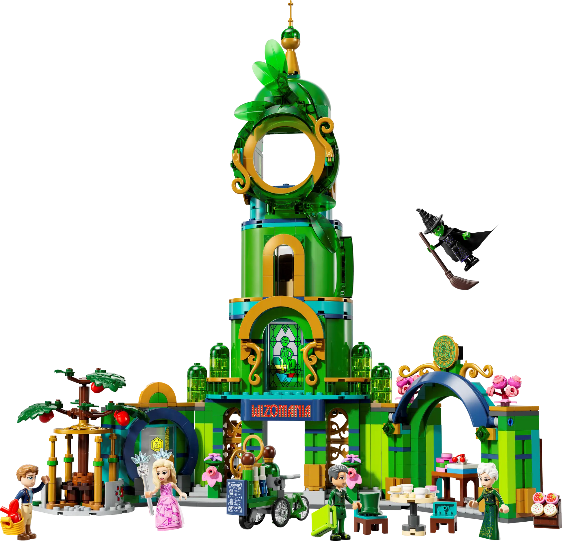 The LEGO® Wicked Welcome to Emerald City set by Legos - Toyhouse features a green castle tower inspired by the Emerald City, complete with mini-doll figures, a flying witch on a broomstick, and small accessory builds like trees and tables—ideal for fans of magical tales and imaginative play!.