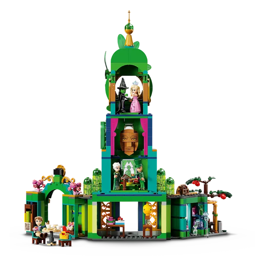 The LEGO® Wicked Welcome to Emerald City set by Legos - Toyhouse features a vibrant, multi-level tower inspired by the Emerald City from the Wicked movie. It includes fantasy-themed mini-doll figures and accessories, adding a magical touch to your collection with its central green and golden structure.