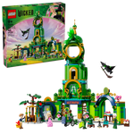 The LEGO® Wicked Welcome to Emerald City set from Legos - Toyhouse features a colorful building with mini-dolls, including a broomstick-flying witch. The box art entices with scenes from the "Wicked" movie and glimpses of the iconic LEGO Emerald City.