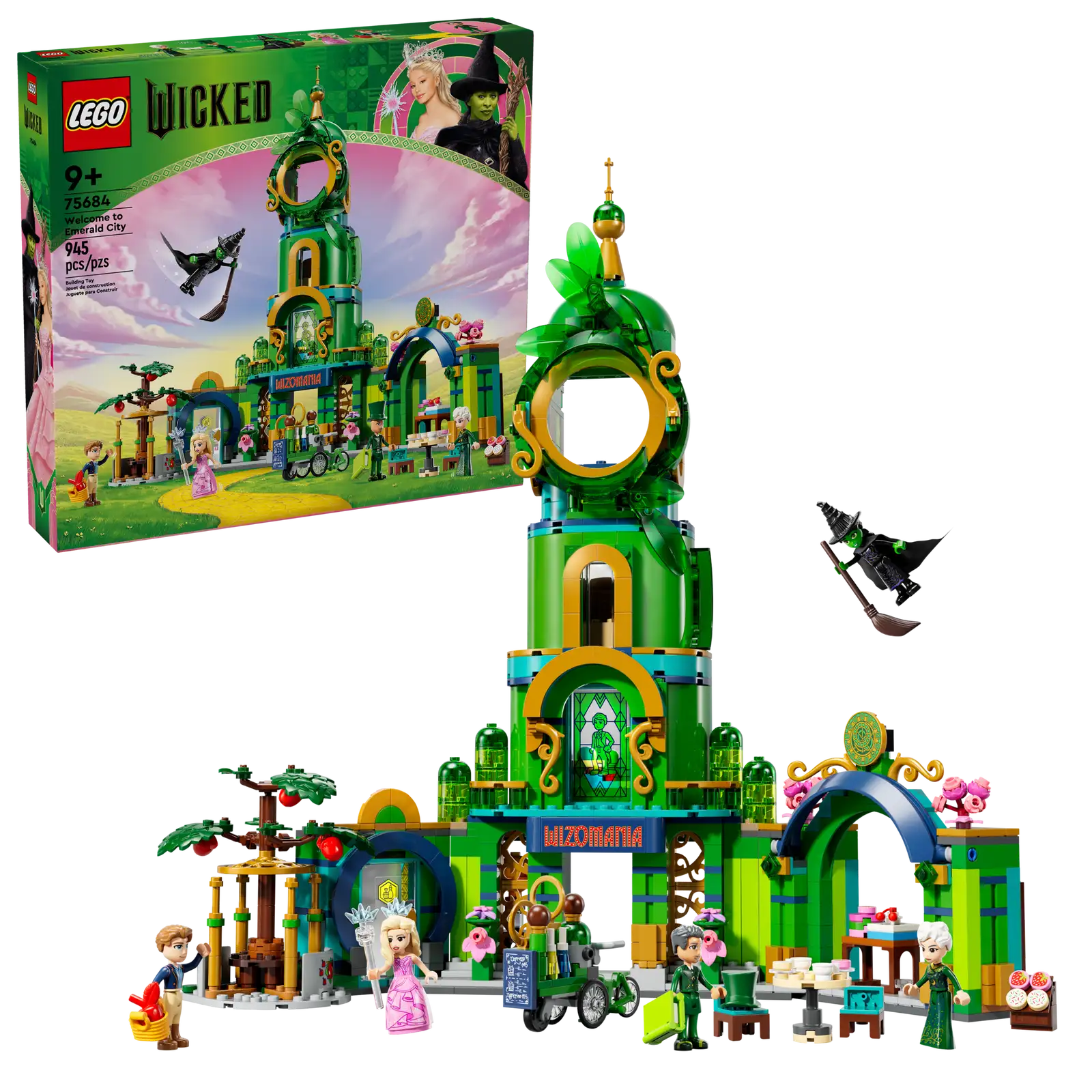 The LEGO® Wicked Welcome to Emerald City set from Legos - Toyhouse features a colorful building with mini-dolls, including a broomstick-flying witch. The box art entices with scenes from the "Wicked" movie and glimpses of the iconic LEGO Emerald City.