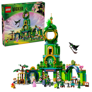 The LEGO® Wicked Welcome to Emerald City set from Legos - Toyhouse features a colorful building with mini-dolls, including a broomstick-flying witch. The box art entices with scenes from the "Wicked" movie and glimpses of the iconic LEGO Emerald City.