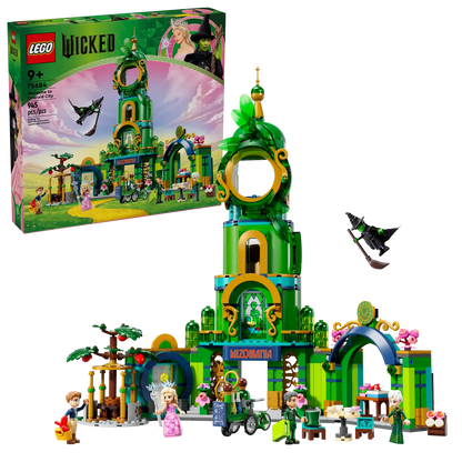 The LEGO® Wicked Welcome to Emerald City set from Legos - Toyhouse features a colorful building with mini-dolls, including a broomstick-flying witch. The box art entices with scenes from the "Wicked" movie and glimpses of the iconic LEGO Emerald City.