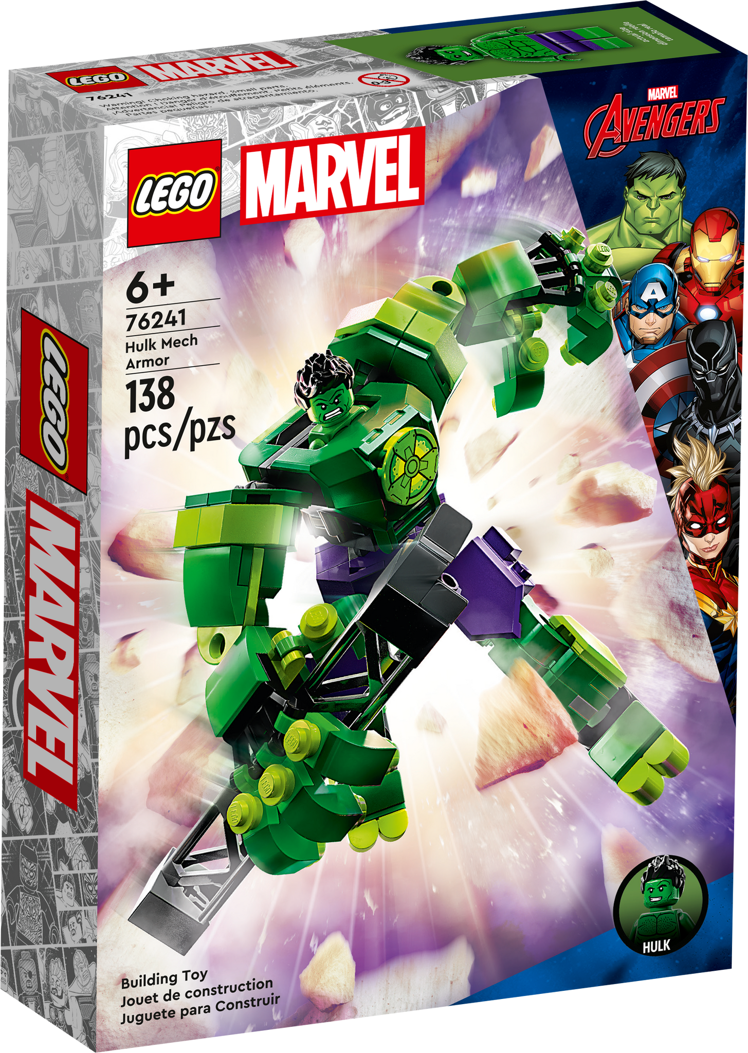 Legos - Toyhouse Marvel Hulk Mech Armor set featuring a movable Hulk mech suit, with box displaying various superhero characters and product information.