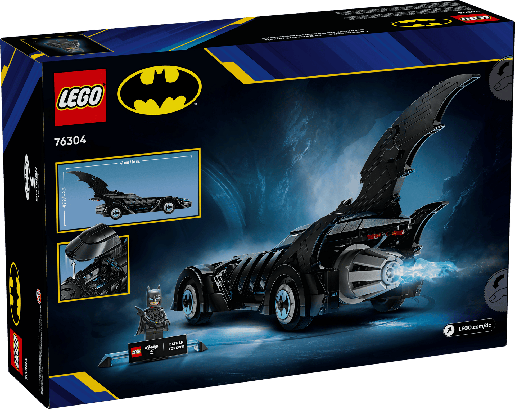 The Legos - Toyhouse LEGO® DC Batman Forever™ Batmobile™ set box displays the iconic Batmobile model, a Batman minifigure, and product details with a cave-themed background.