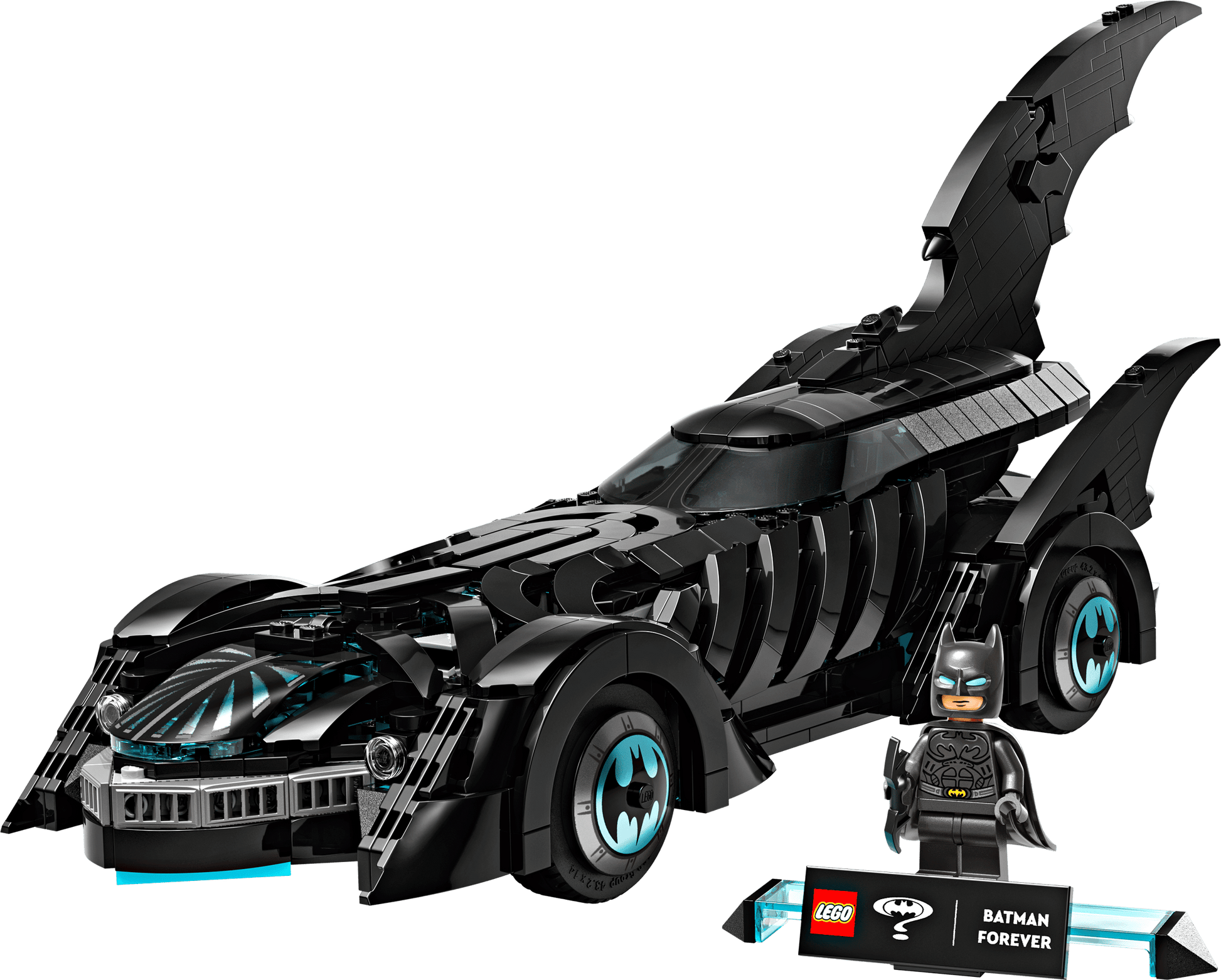 The LEGO® DC Batman Forever™ Batmobile™ by Legos - Toyhouse features a sleek black car with blue accents and includes a Batman minifigure posed next to a nameplate.