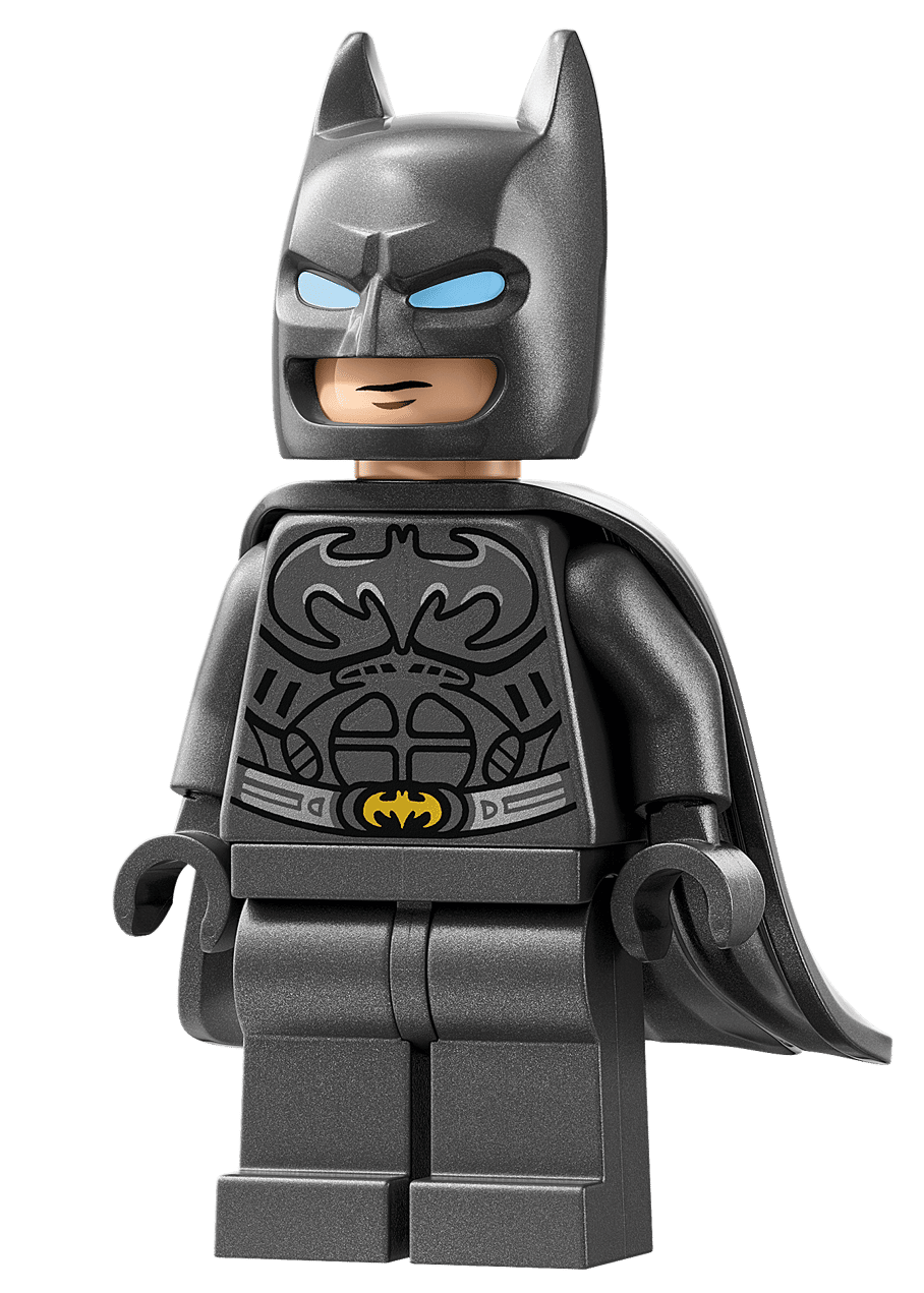 A LEGO minifigure dressed as Batman, featuring a black cape and bat emblem, pairs perfectly with the LEGO® DC Batman Forever™ Batmobile™ from Legos - Toyhouse.