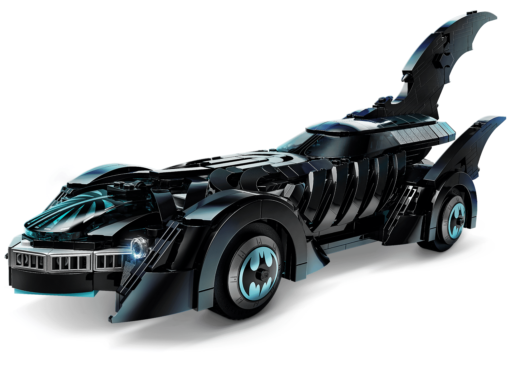 The LEGO® DC Batman Forever™ Batmobile™ by Legos - Toyhouse features an angular black design with bat-themed details and blue highlights, inspired by the classic movie vehicle, shown on a plain white background.