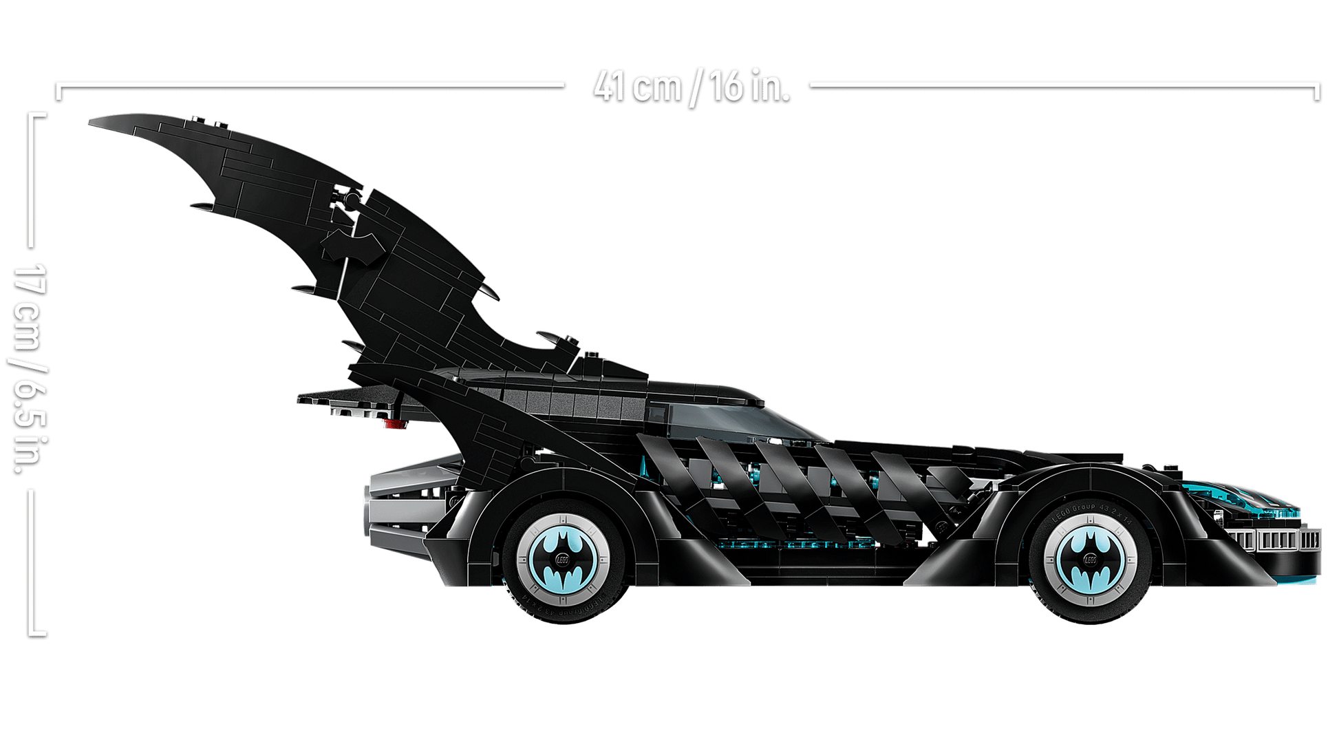 Side view of the LEGO® DC Batman Forever™ Batmobile™ by Legos - Toyhouse, a black bat-themed toy model measuring 41 cm long and 17 cm high.