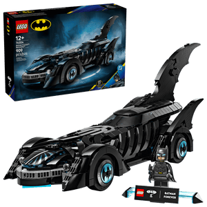 The LEGO® DC Batman Forever™ Batmobile™ by Legos - Toyhouse includes 909 pieces, the Batmobile model, Batman minifigure, box, and a "BATMAN FOREVER" nameplate—a must-have for fans of the iconic Batmobile.