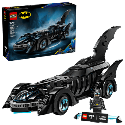 The LEGO® DC Batman Forever™ Batmobile™ by Legos - Toyhouse includes 909 pieces, the Batmobile model, Batman minifigure, box, and a "BATMAN FOREVER" nameplate—a must-have for fans of the iconic Batmobile.