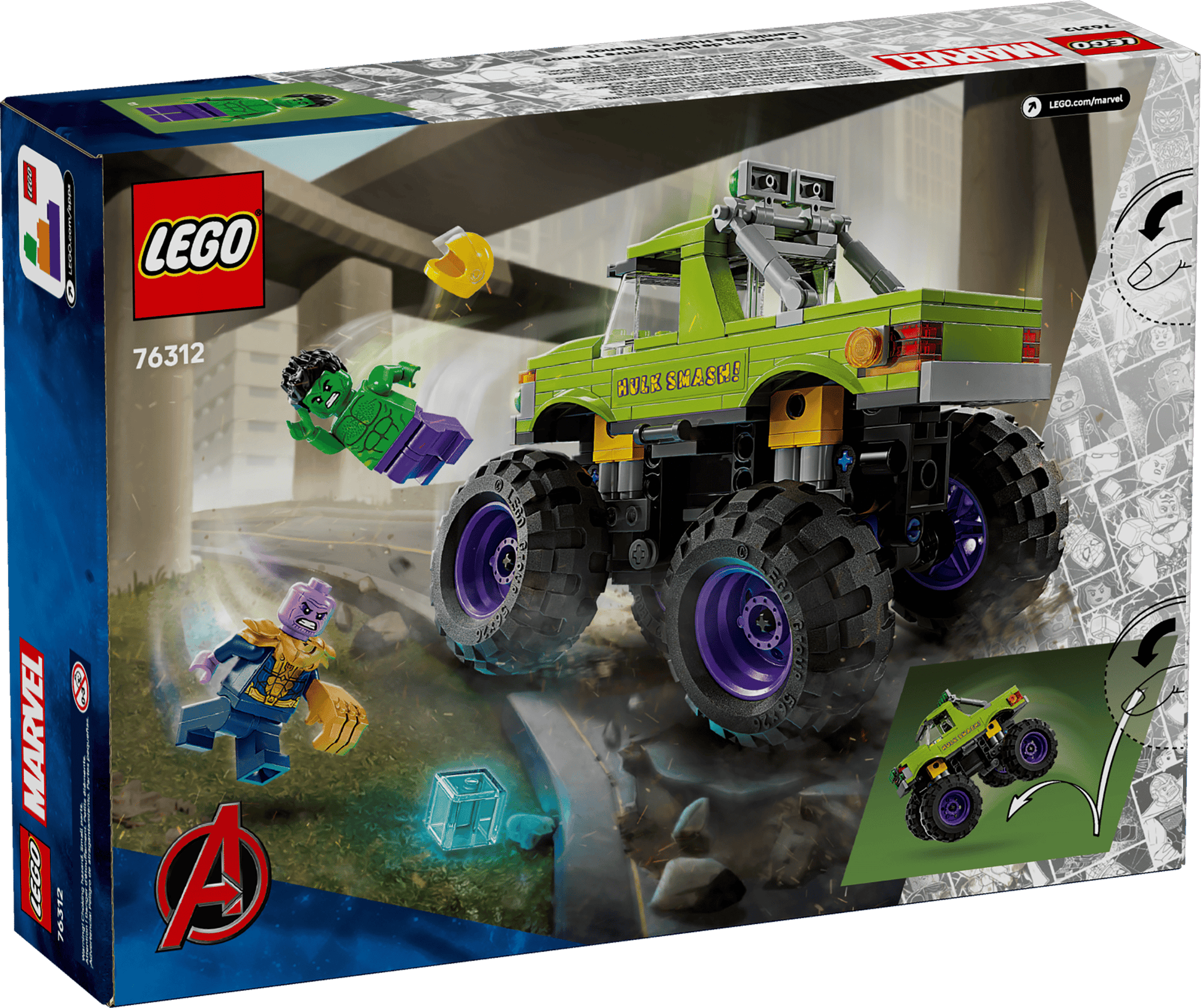 Legos - Toyhouse LEGO® Marvel The Hulk Truck vs. Thanos set comes with an exclusive Thanos minifigure, a green and purple Hulk Truck marked "Hulk Smash!", and assorted fun accessories.