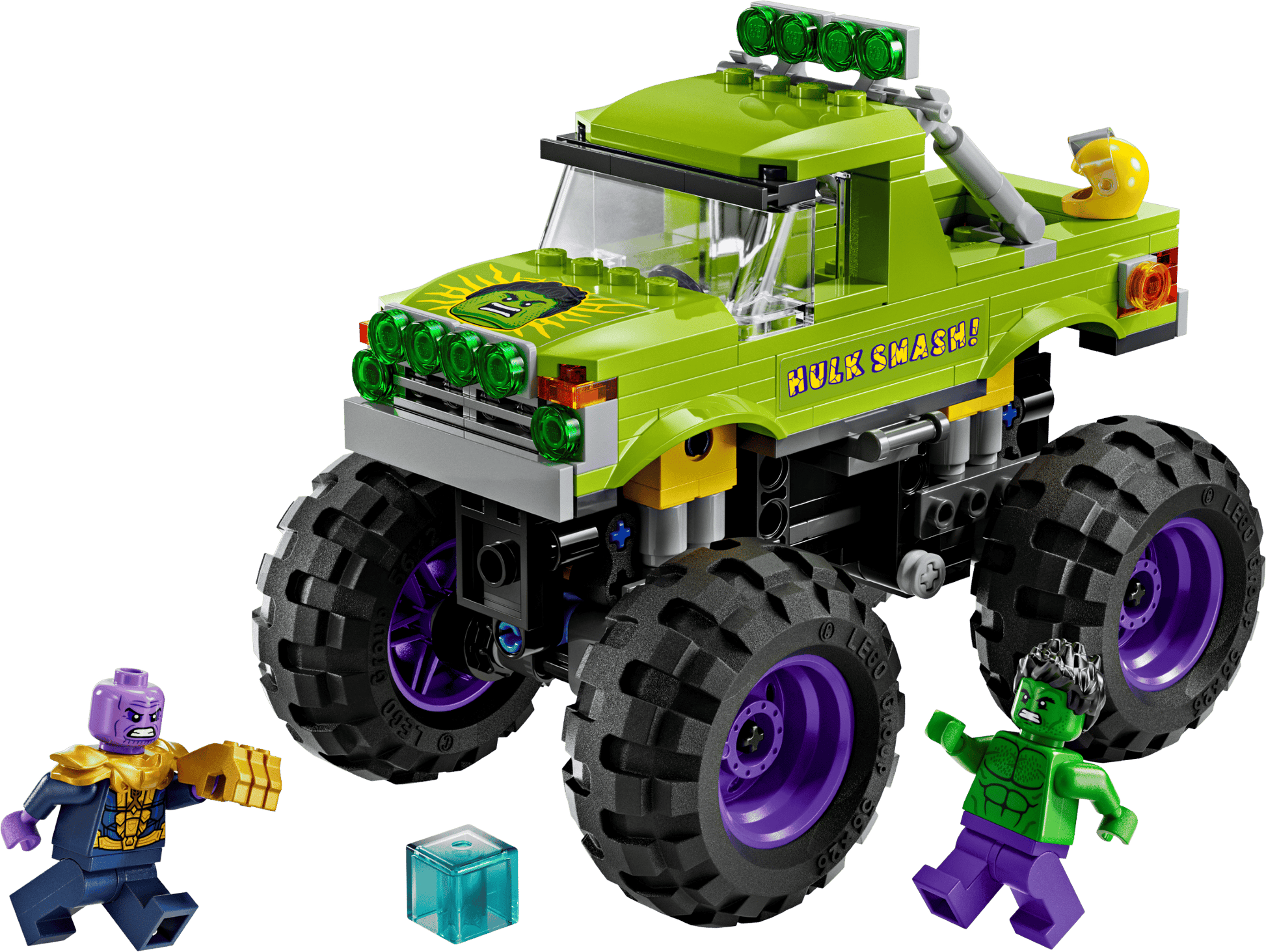 The Legos - Toyhouse LEGO® Marvel The Hulk Truck vs. Thanos set includes a Hulk Smash monster truck with large tires, Hulk Truck, Thanos, Super Hero minifigures, and a blue brick accessory.