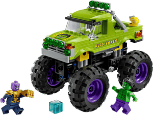 The Legos - Toyhouse LEGO® Marvel The Hulk Truck vs. Thanos set includes a Hulk Smash monster truck with large tires, Hulk Truck, Thanos, Super Hero minifigures, and a blue brick accessory.