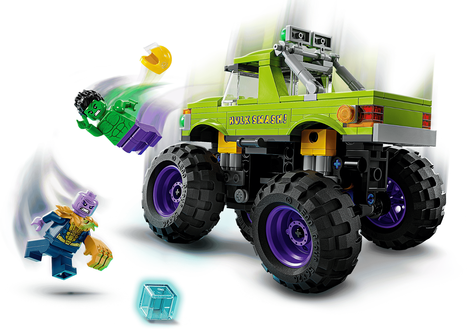 The LEGO® Marvel The Hulk Truck vs. Thanos set from Legos - Toyhouse features the Hulk Truck with "HULKSMASH" on its side, barreling through and knocking aside Thanos and Hulk minifigures, with a blue cube on the ground.