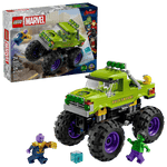 The LEGO® Marvel The Hulk Truck vs. Thanos set from Legos - Toyhouse includes Hulk and Thanos minifigures, a giant green Hulk Truck, and a display box in the background.