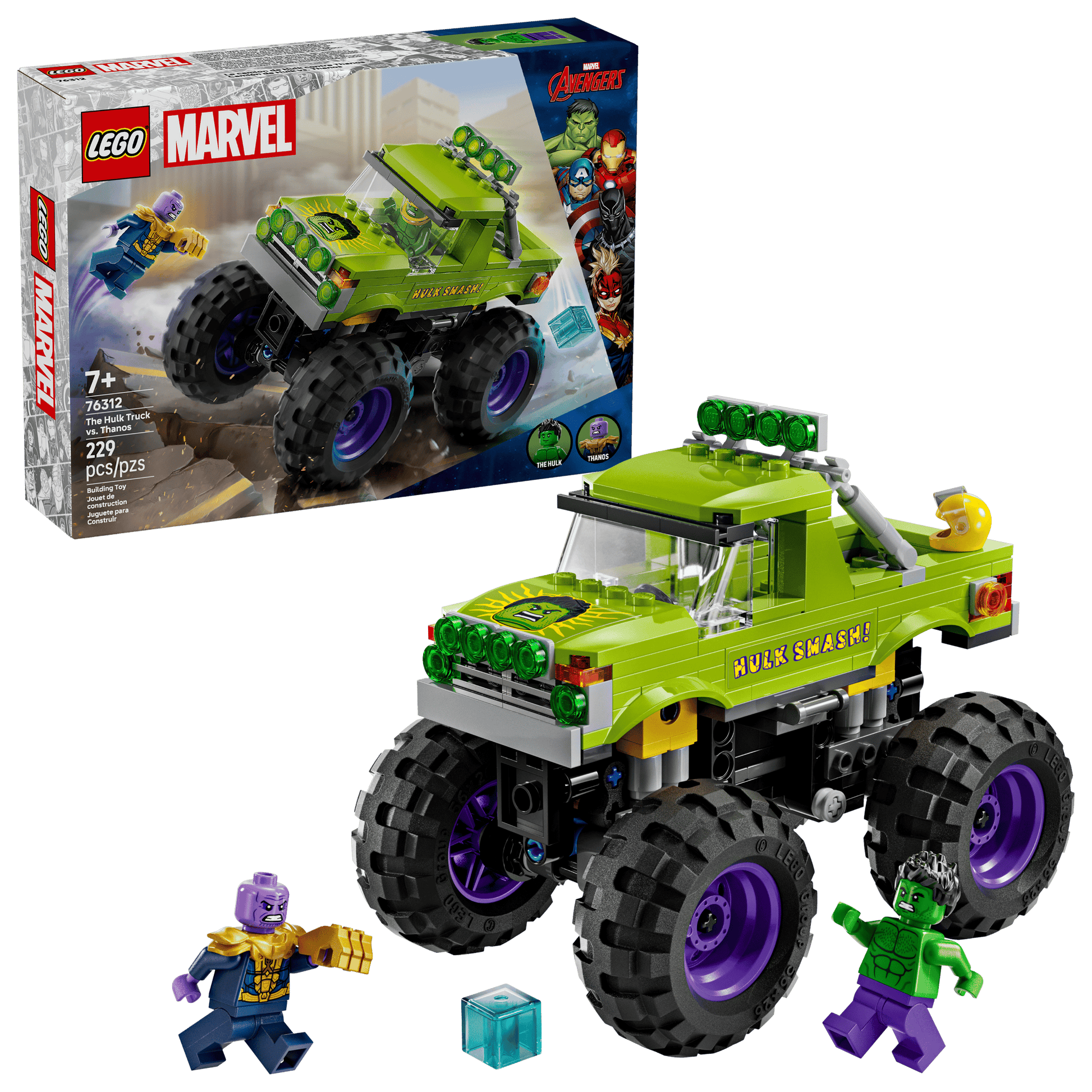 The LEGO® Marvel The Hulk Truck vs. Thanos set from Legos - Toyhouse includes Hulk and Thanos minifigures, a giant green Hulk Truck, and a display box in the background.