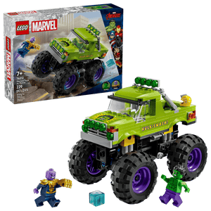The LEGO® Marvel The Hulk Truck vs. Thanos set from Legos - Toyhouse includes Hulk and Thanos minifigures, a giant green Hulk Truck, and a display box in the background.