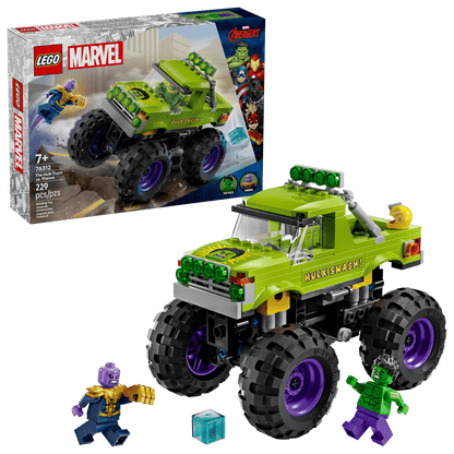 The LEGO® Marvel The Hulk Truck vs. Thanos set from Legos - Toyhouse includes Hulk and Thanos minifigures, a giant green Hulk Truck, and a display box in the background.