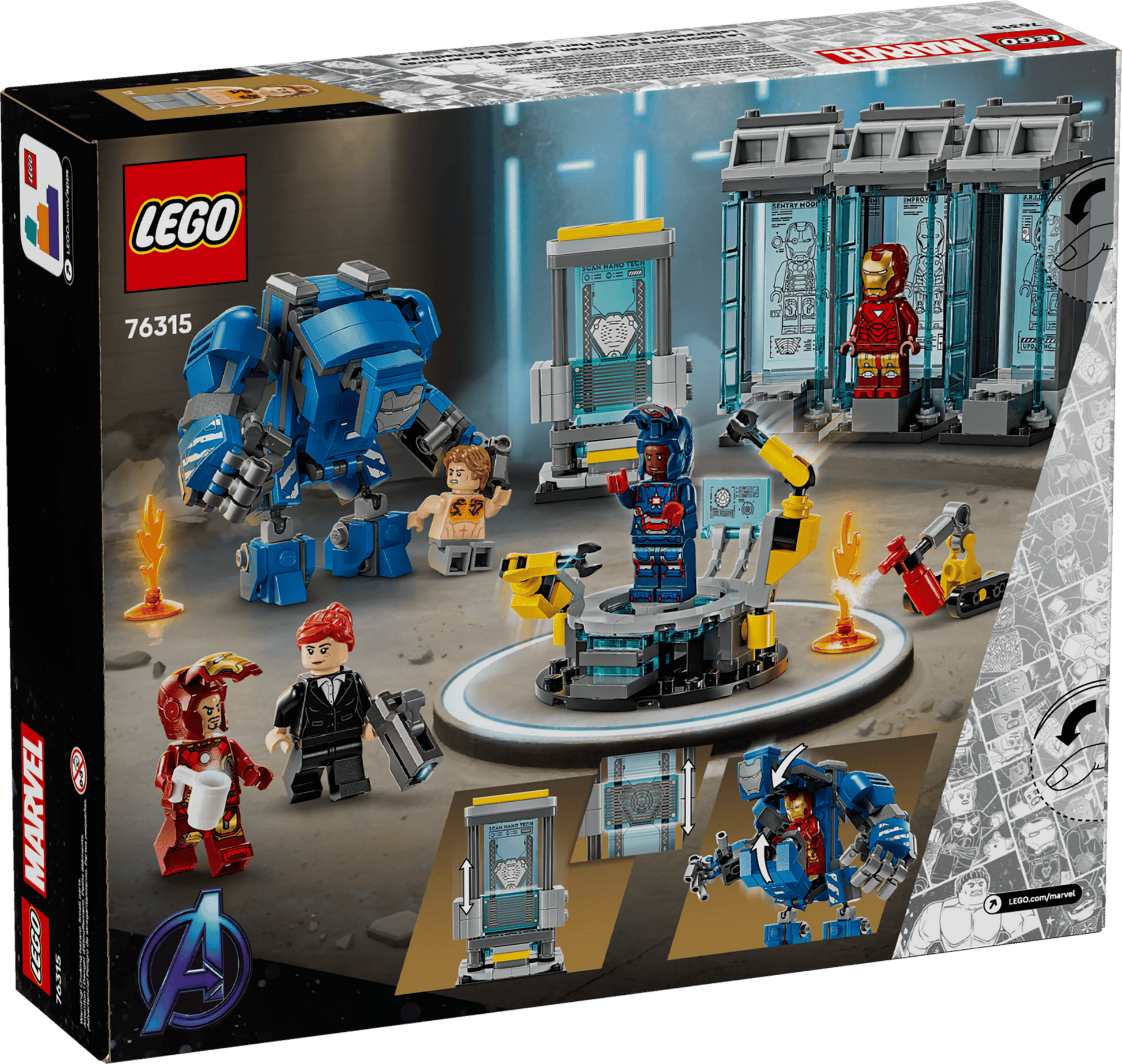 Legos - Toyhouse LEGO® Marvel Iron Man's Laboratory: Hall of Armor set features Iron Man minifigures, a blue mech, lab equipment, and the iconic Hall of Armor.