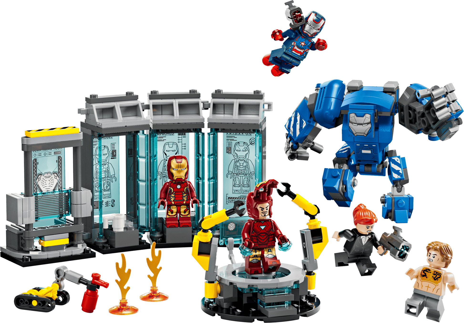 Legos - Toyhouse presents the LEGO® Marvel Iron Man's Laboratory: Hall of Armor, featuring Iron Man minifigures, lab gear, a blue mech suit, and accessories for a detailed laboratory display.