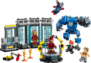 Legos - Toyhouse presents the LEGO® Marvel Iron Man's Laboratory: Hall of Armor, featuring Iron Man minifigures, lab gear, a blue mech suit, and accessories for a detailed laboratory display.