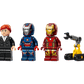 Five minifigures from the Legos – Toyhouse LEGO® Marvel Iron Man's Laboratory: Hall of Armor set, including various suits, a suited and shirtless variant, plus a yellow robot arm, are displayed on a white background.