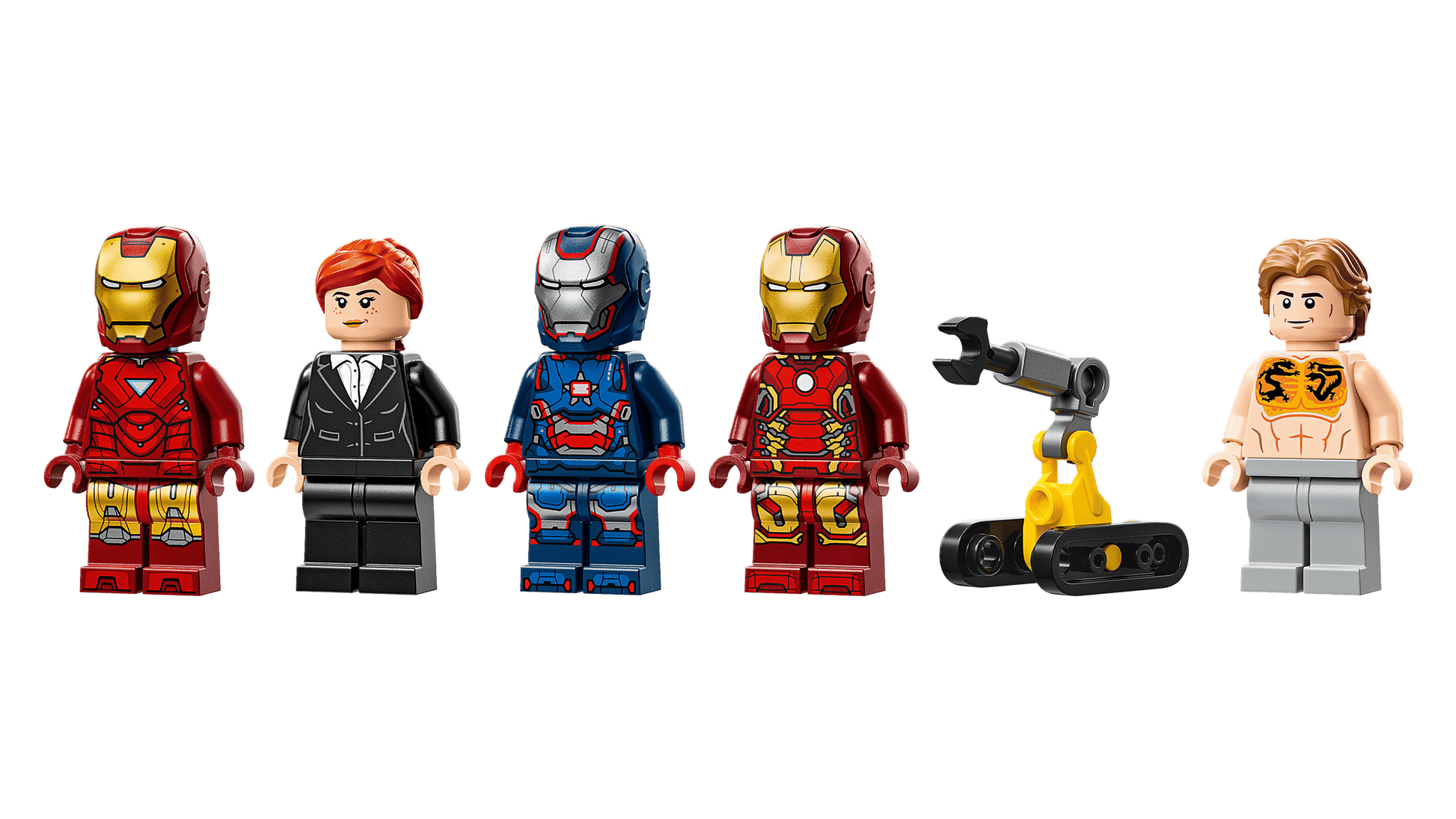 Five minifigures from the Legos – Toyhouse LEGO® Marvel Iron Man's Laboratory: Hall of Armor set, including various suits, a suited and shirtless variant, plus a yellow robot arm, are displayed on a white background.
