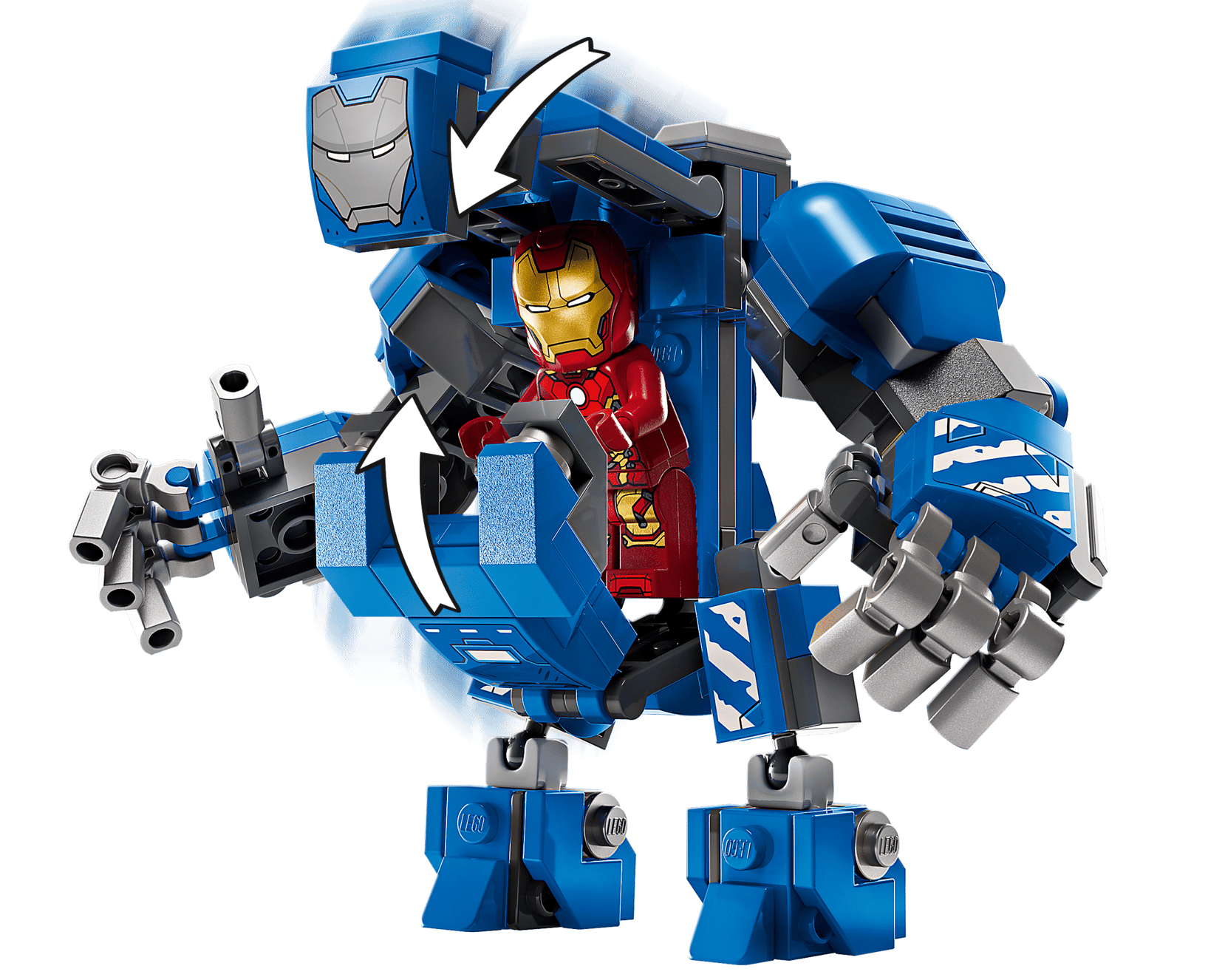 The LEGO® Marvel Iron Man's Laboratory: Hall of Armor by Legos - Toyhouse includes an Iron Man minifigure that fits inside a blue mech suit with opening helmet and chest—ideal for expanding your Iron Man Hall of Armor collection.