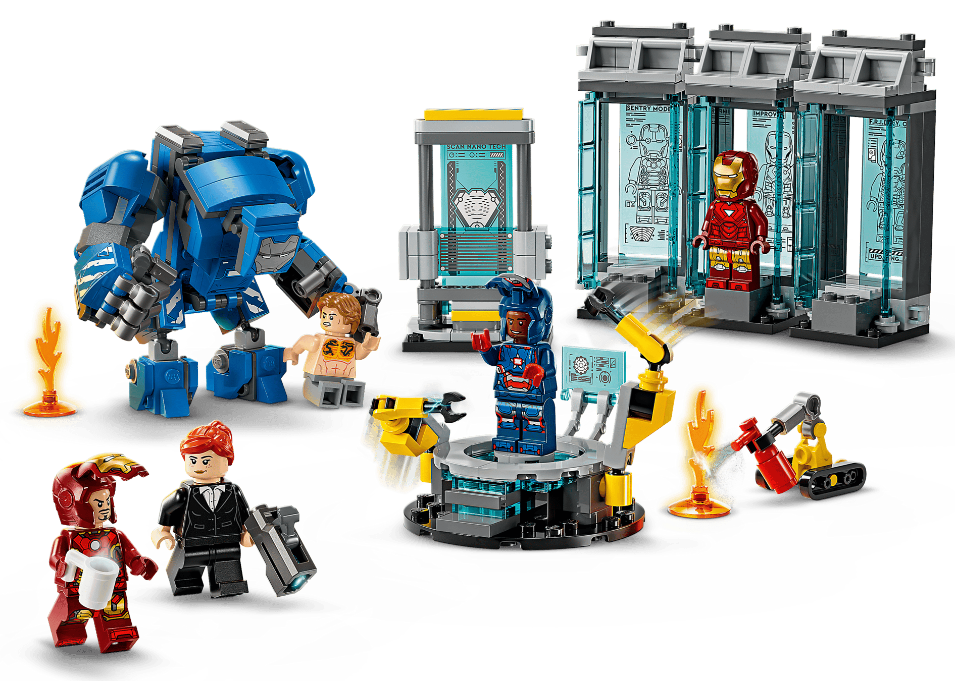 The LEGO® Marvel Iron Man's Laboratory: Hall of Armor by Legos - Toyhouse includes Iron Man minifigures, a blue mech suit, tech stations, and display cases inspired by the Marvel universe’s iconic Hall of Armor.