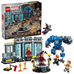 Legos - Toyhouse LEGO® Marvel Iron Man's Laboratory: Hall of Armor set, featuring Iron Man minifigures, mech suits, and lab accessories, shown fully assembled and displayed beside the product box.